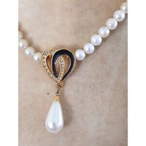 Napier Faux Pearl Necklace Gold Tone Black Enamel Heart Drop Vintage Style 16"